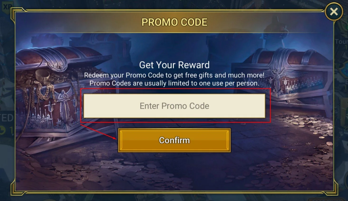 Ввод промокода Raid: Shadow Legends