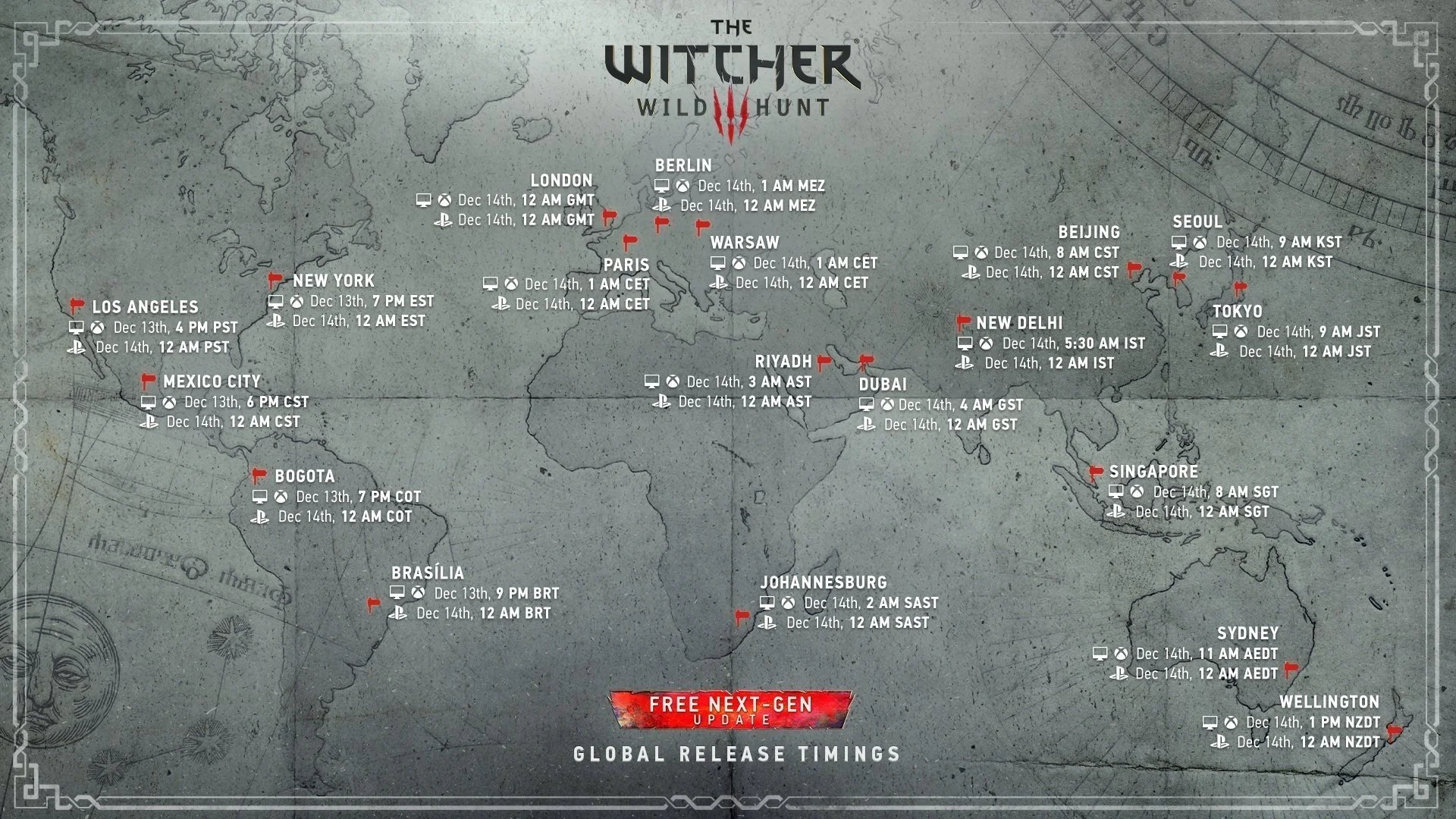 Карта мирового релиза обновления для The Witcher 3