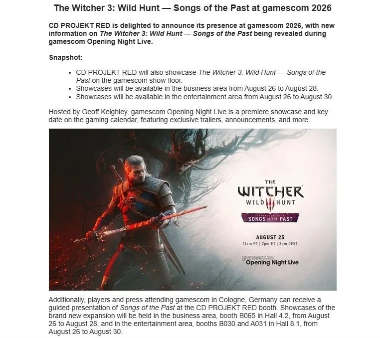 Пресс-релиз CDPR