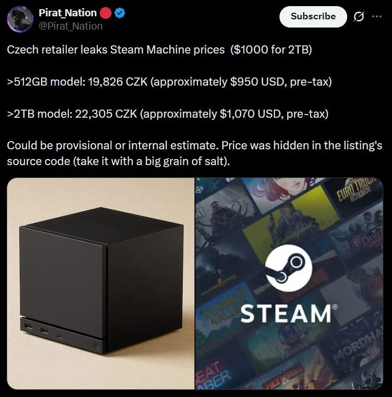 Слив цен на Steam Machine