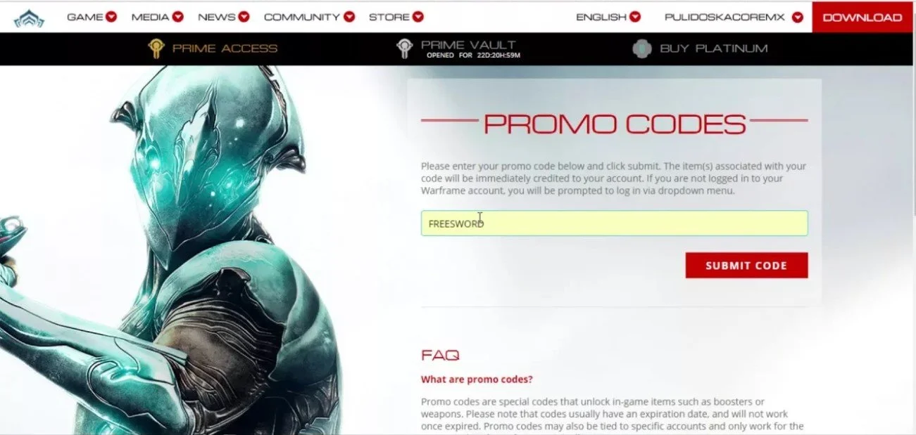 Ввод промокода Warframe