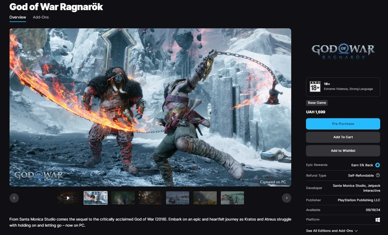 Источник: EGS / God of War Ragnarok в украинском EGS