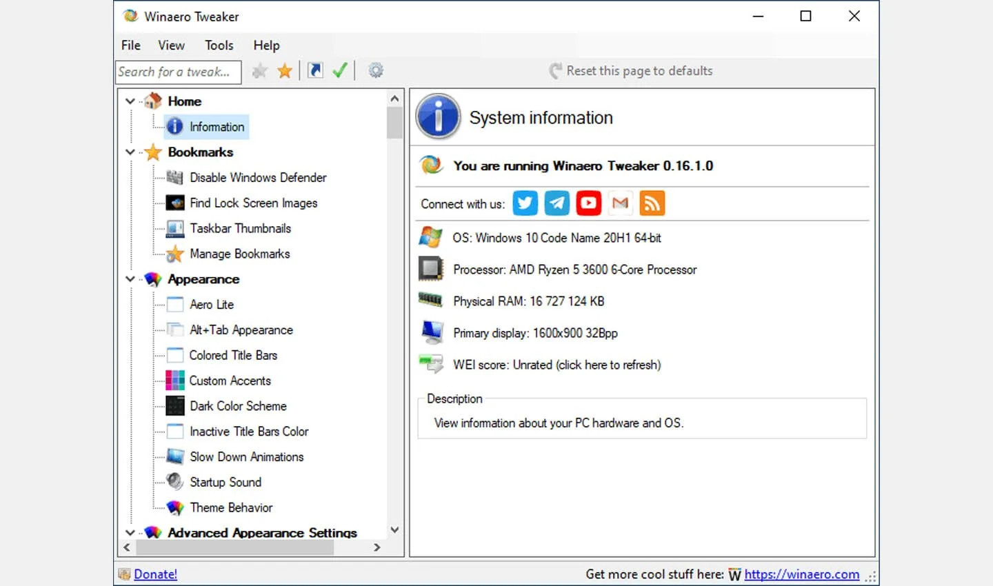 Источник: Winaero Tweaker / Интерфейс Winaero Tweaker