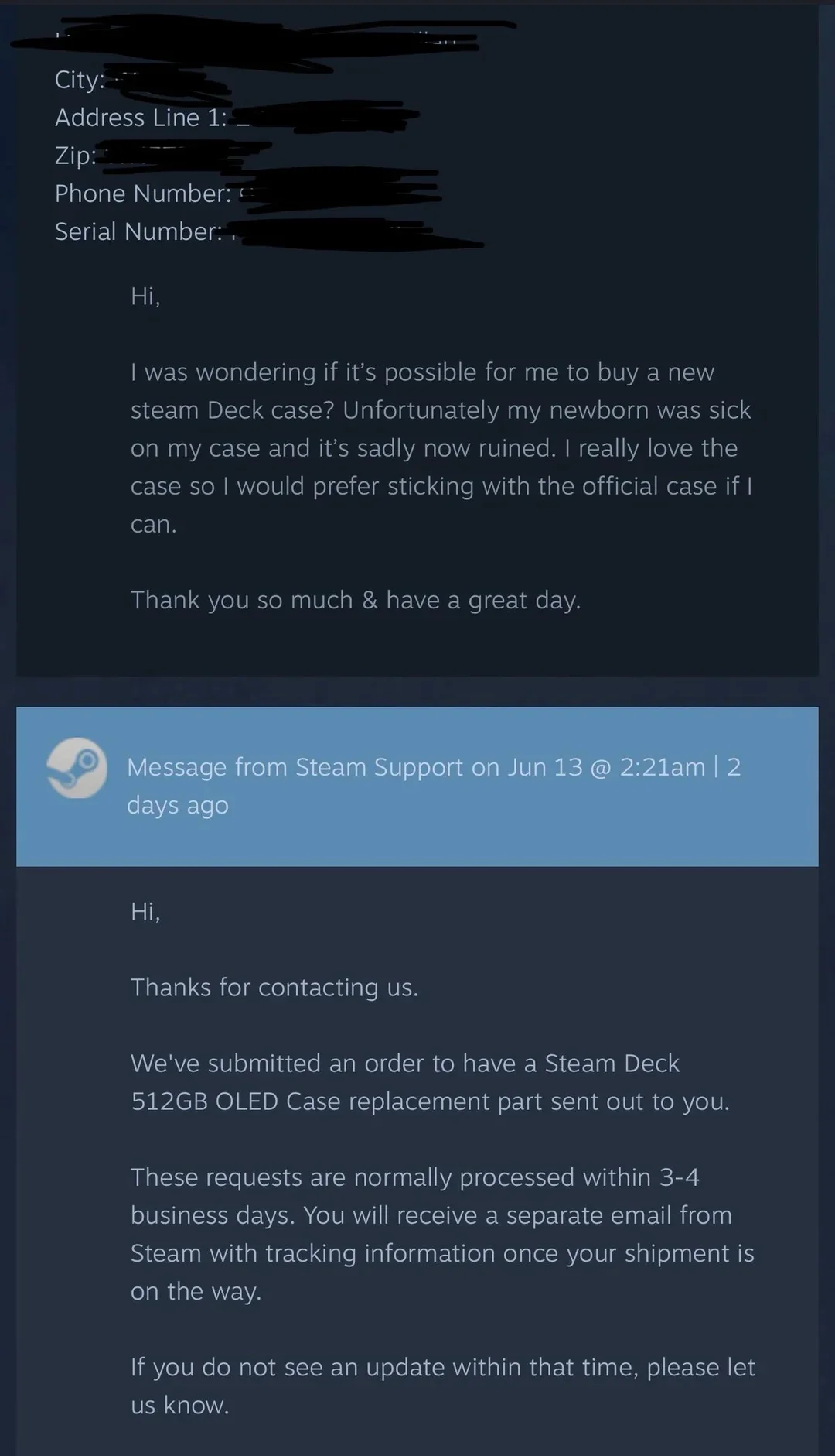 Переписка с поддержкой Steam