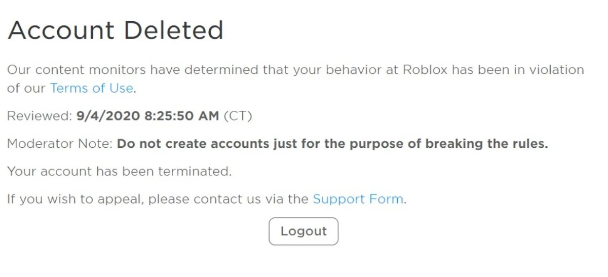 Источник: roblox.fandom.com / Удаление аккаунта Roblox за нарушение правил площадки