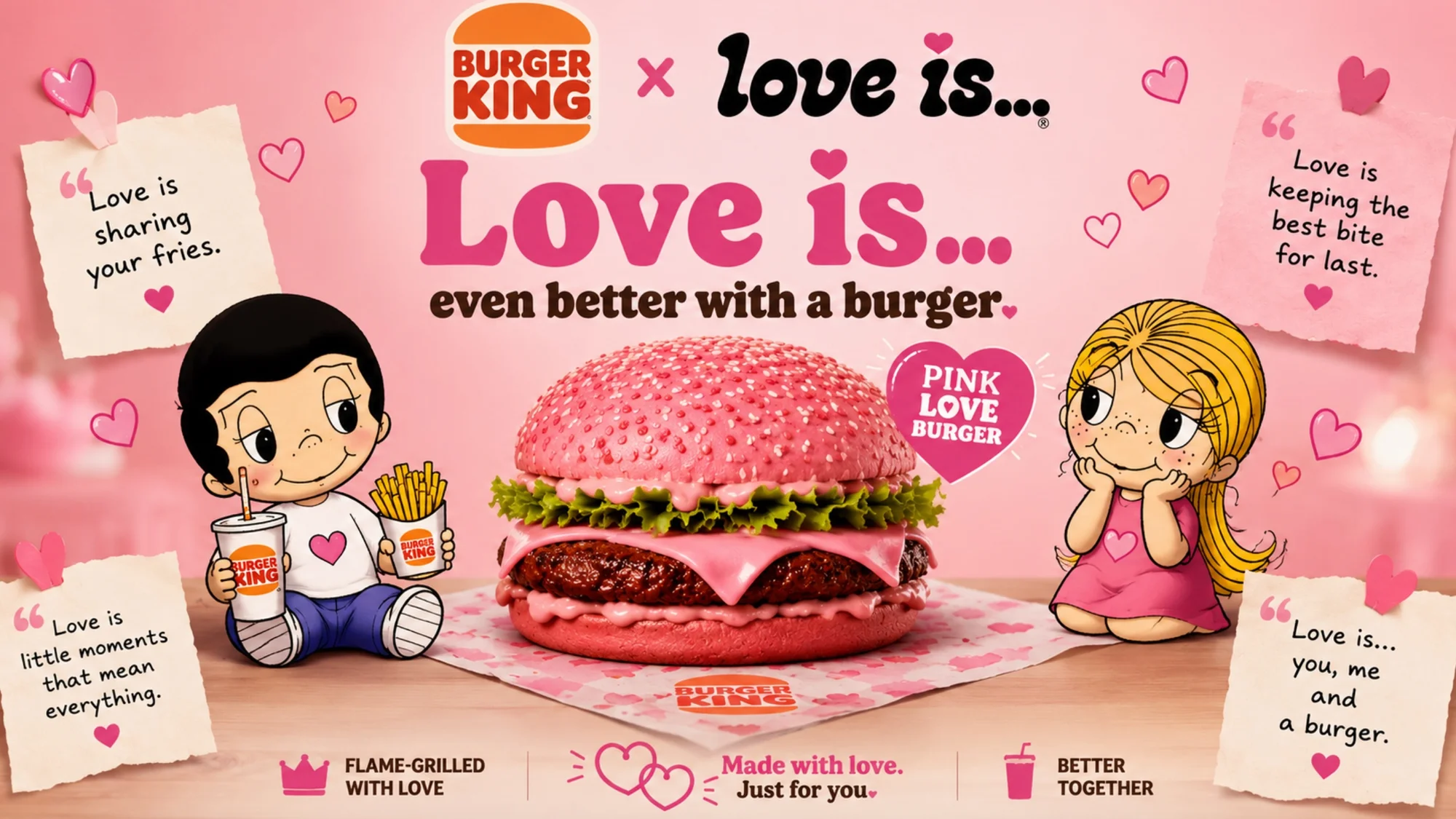 Бургер Кинг проведёт коллаборацию с Love Is — розовый бургер, парные брелоки и новое меню