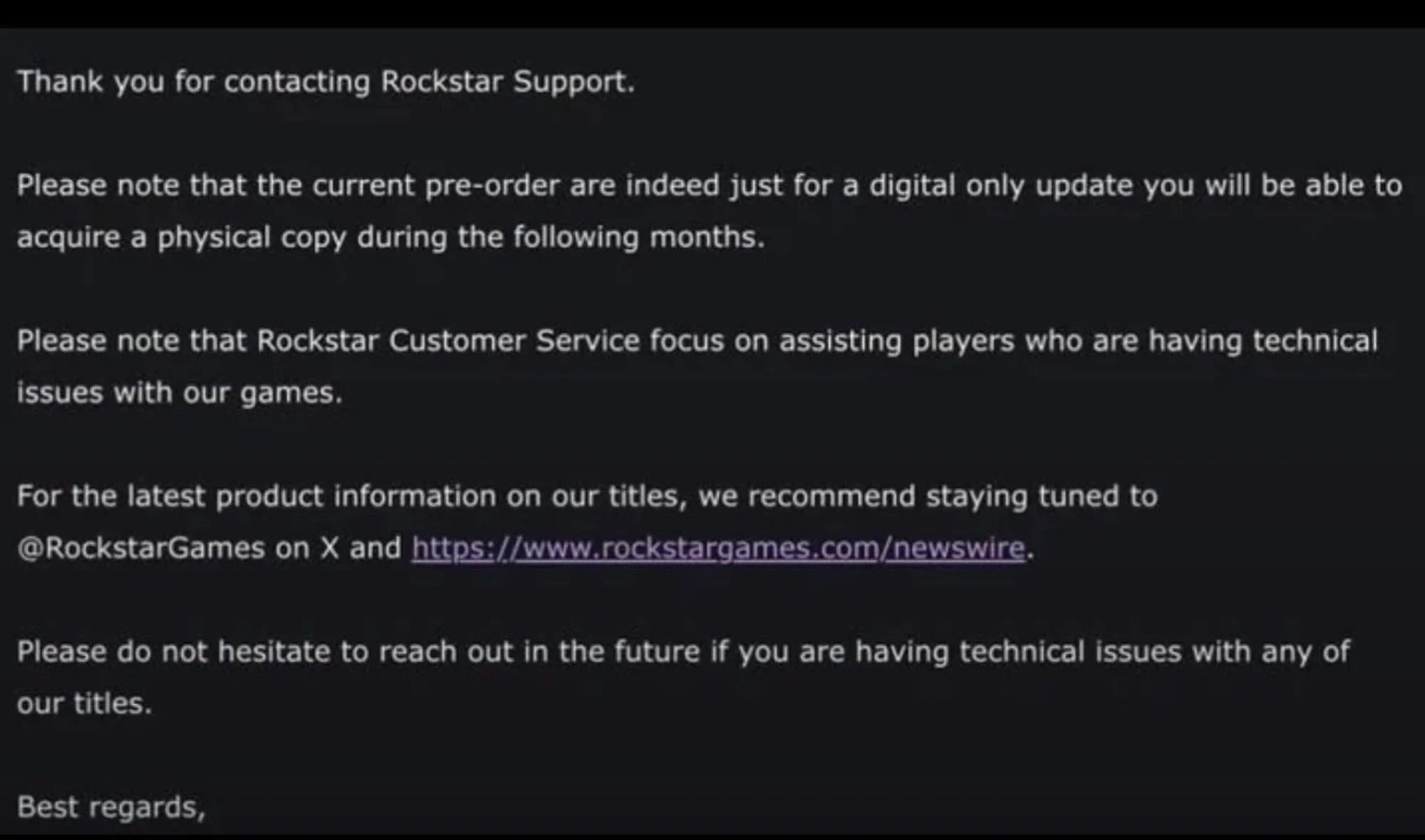 Сообщение от службы поддержки Rockstar