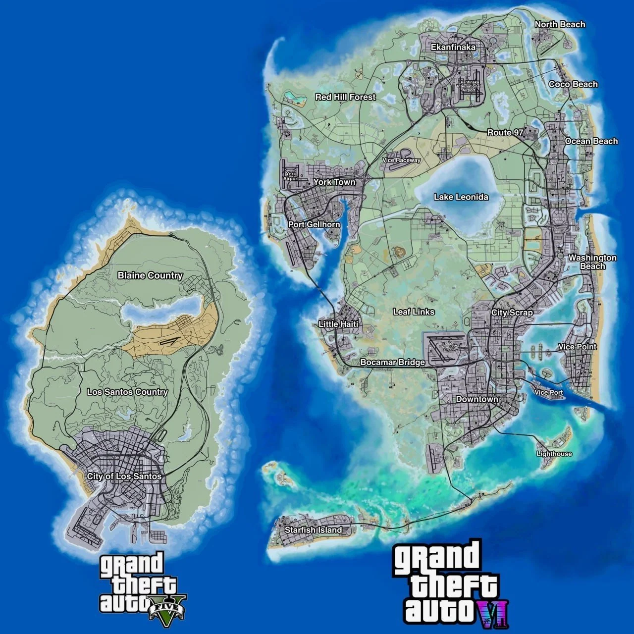 Сравнение карт из GTA 5 и GTA 6 / Источник: Telegram