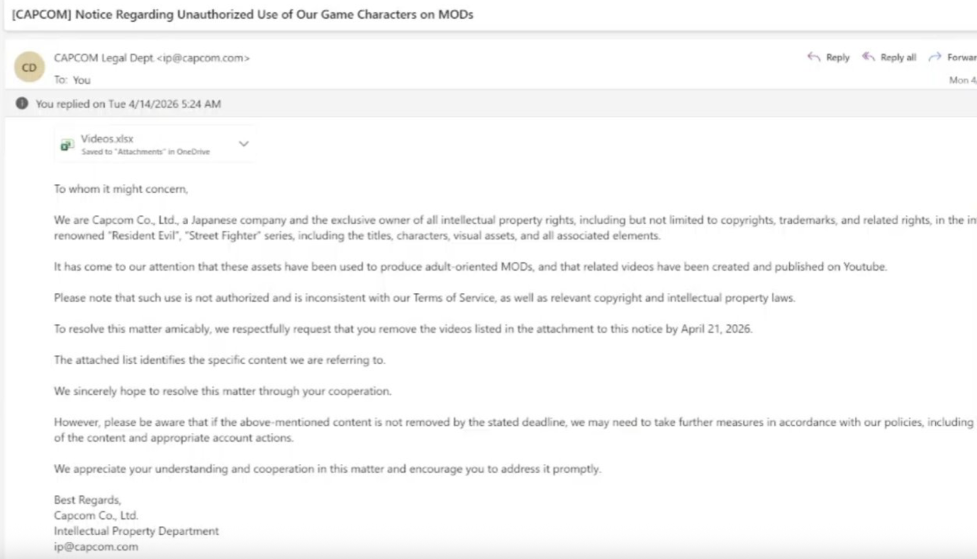 Источник: скриншот respawn.media / Уведомление письмо от Capcom