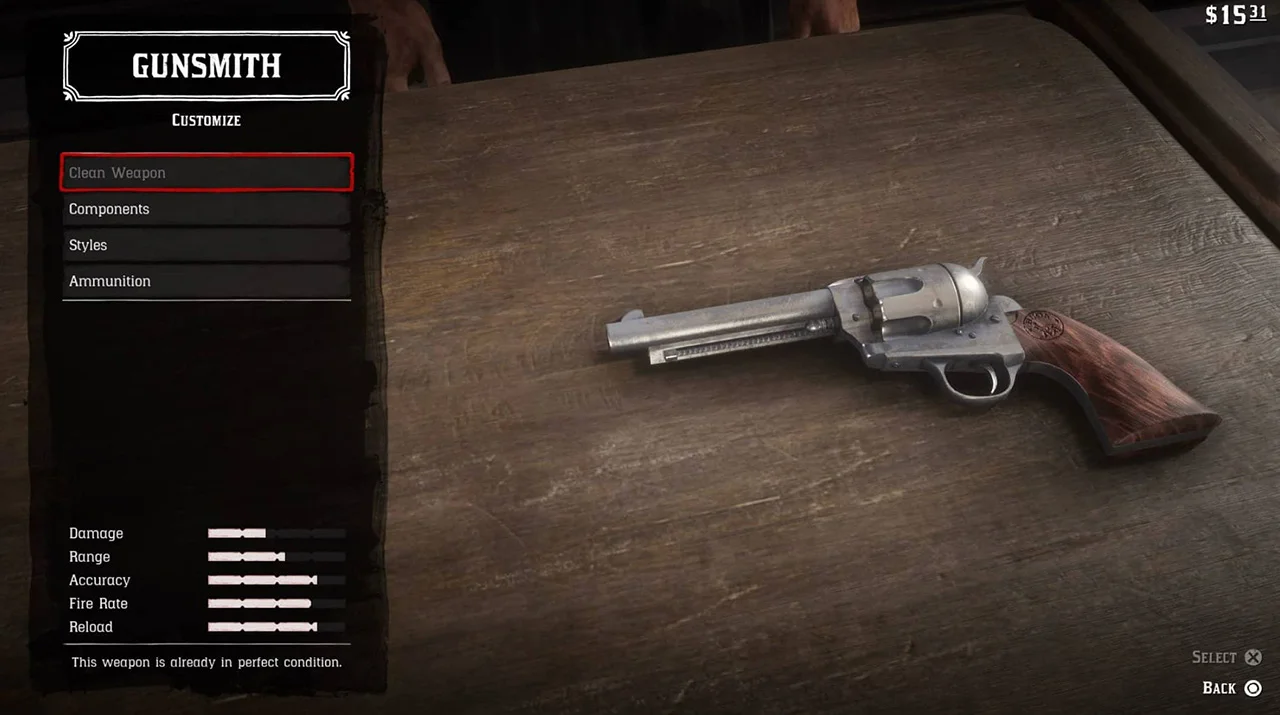 Меню прокачки оружия в RDR 2