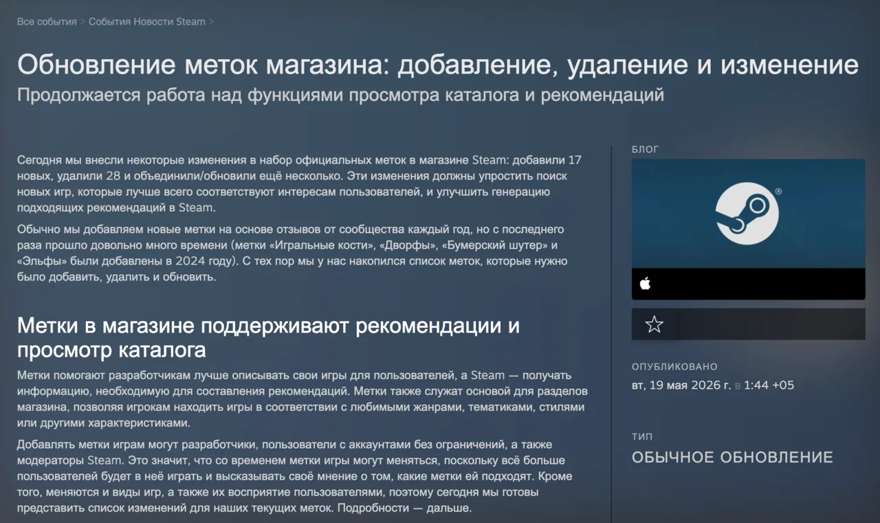 Официальное сообщение в Steam