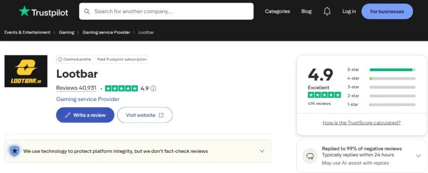 Источник: скриншот respawn.media / Рейтинг доверия клиентов LootBar.gg на сайте Trustpilot