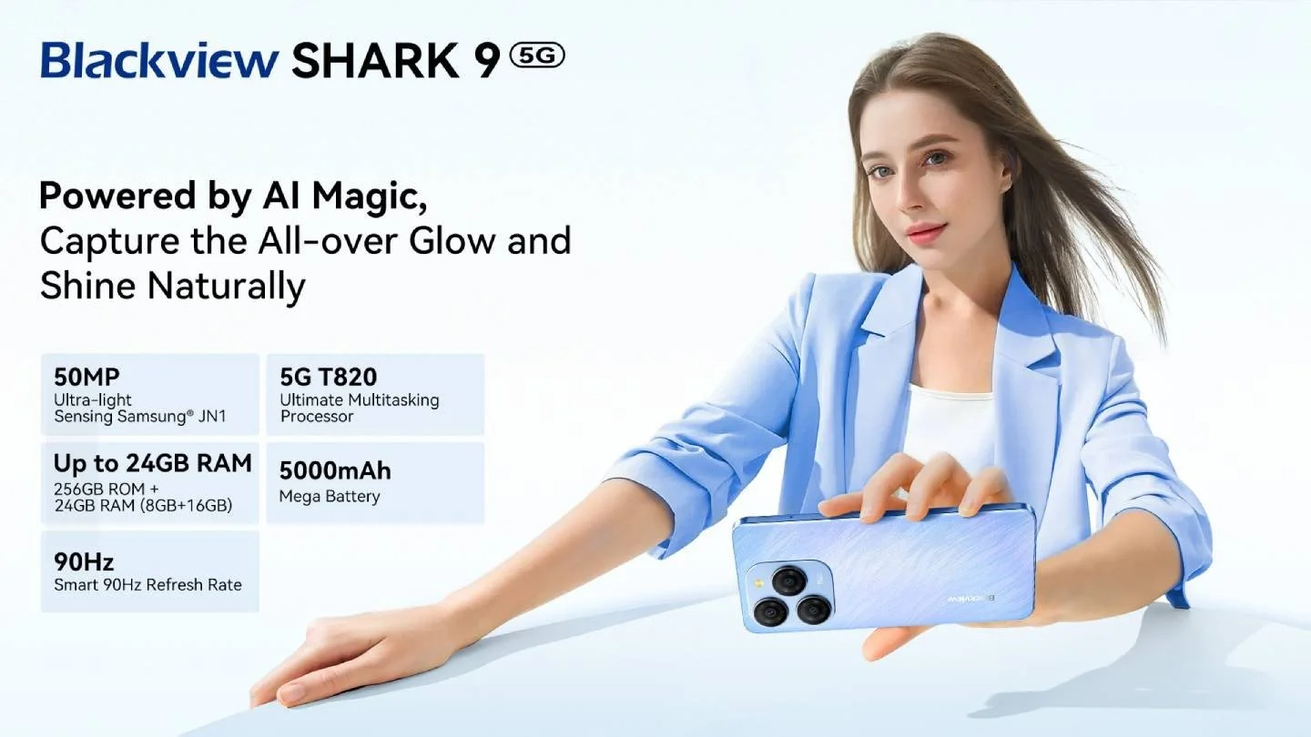 Blackview выпустила стильный смартфон SHARK 9 5G с ИИ-камерой и смарт-часы W50 Pro